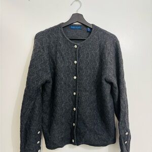 Karen Scott Petite Charcoal Gray Textured Button Cardigan Sweater – 100% Wool
